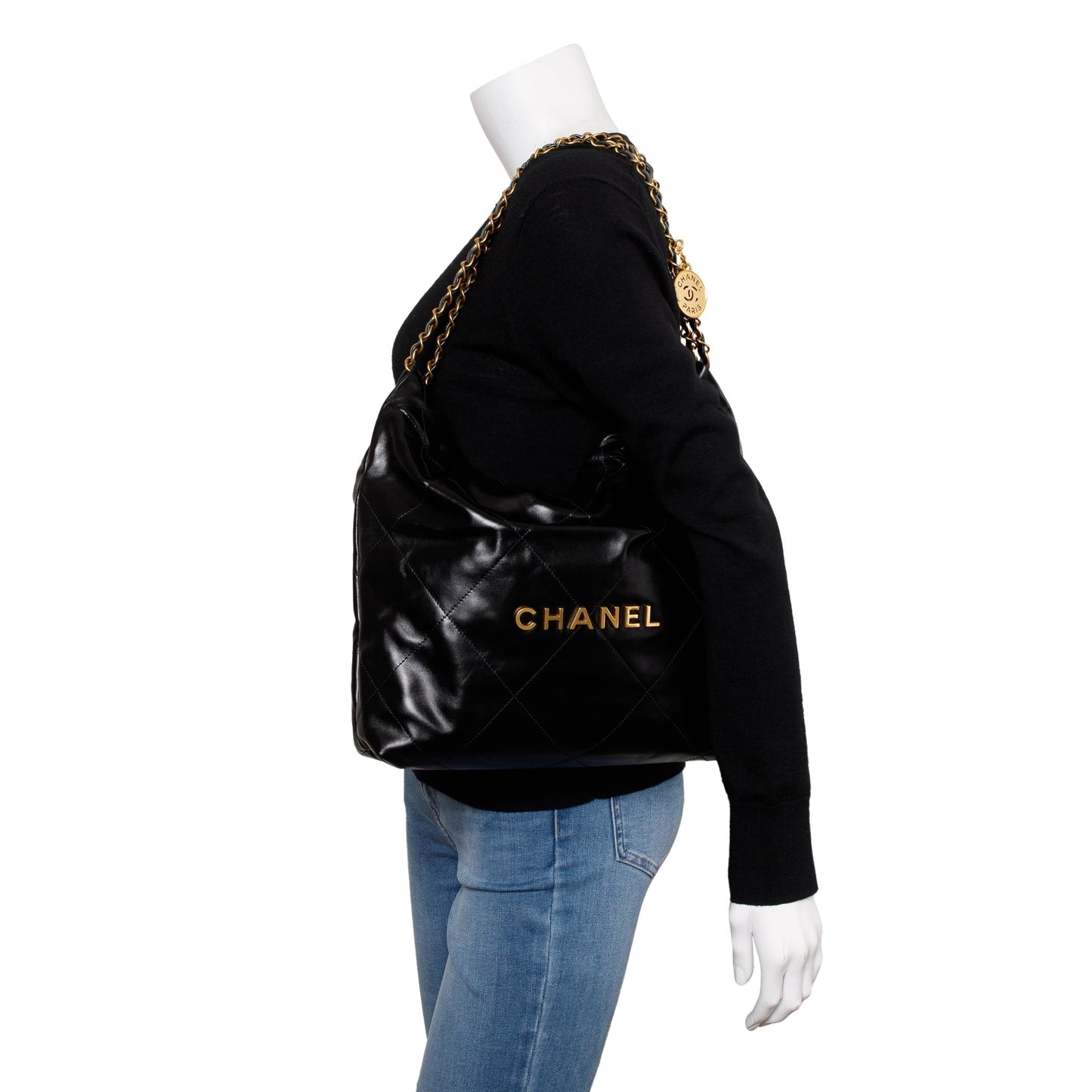Chanel 2023 Black Shiny Calfskin Leather Small Chanel 22 Hobo