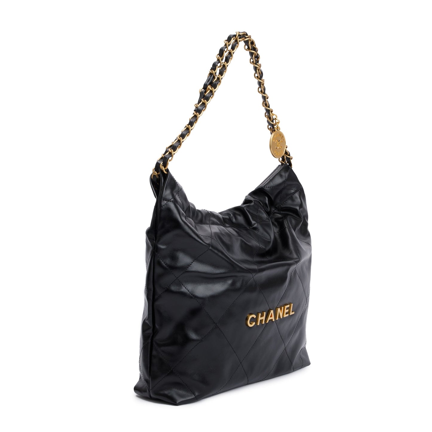 Chanel 2023 Black Shiny Calfskin Leather Small Chanel 22 Hobo