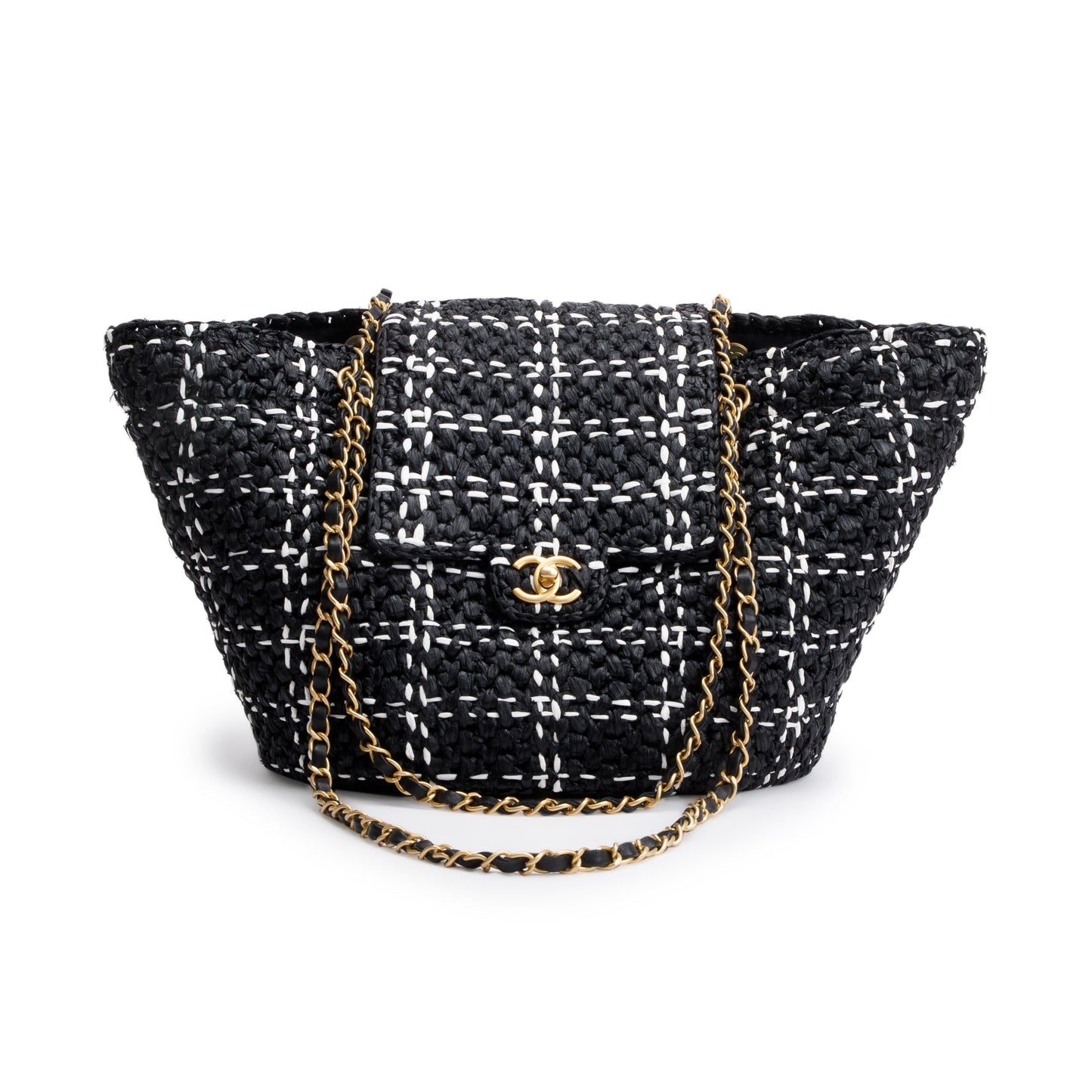 Chanel 2023 Black/White Raffia Calfskin CC Flap Tote