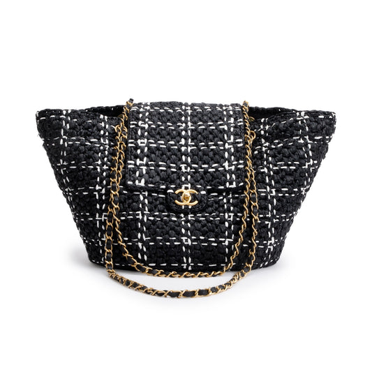 Chanel 2023 Black/White Raffia Calfskin CC Flap Tote