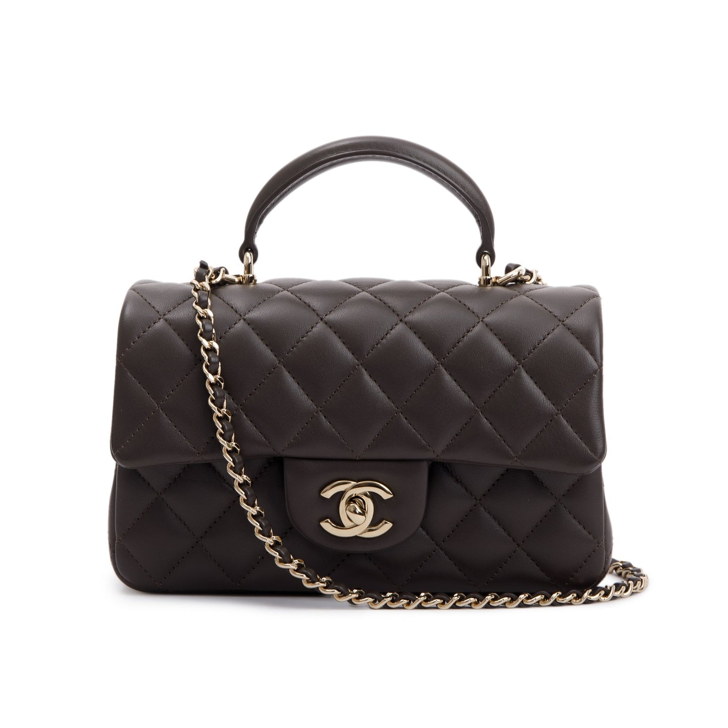 Chanel 2023 Brown Quilted Lambskin Leather Mini Top Handle Rectangular Flap Bag