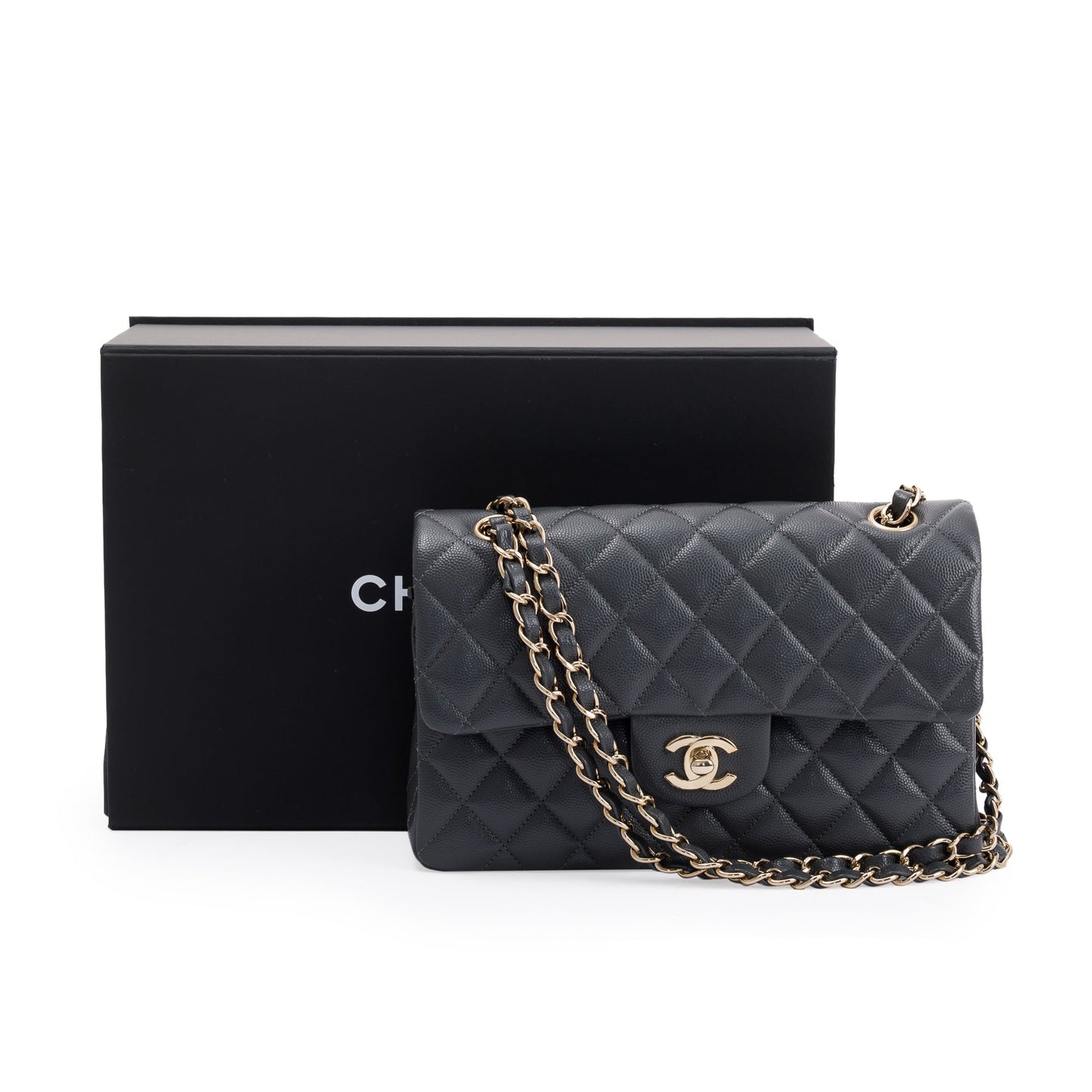Chanel 2023 Grey Caviar Small Classic Double Flap Bag
