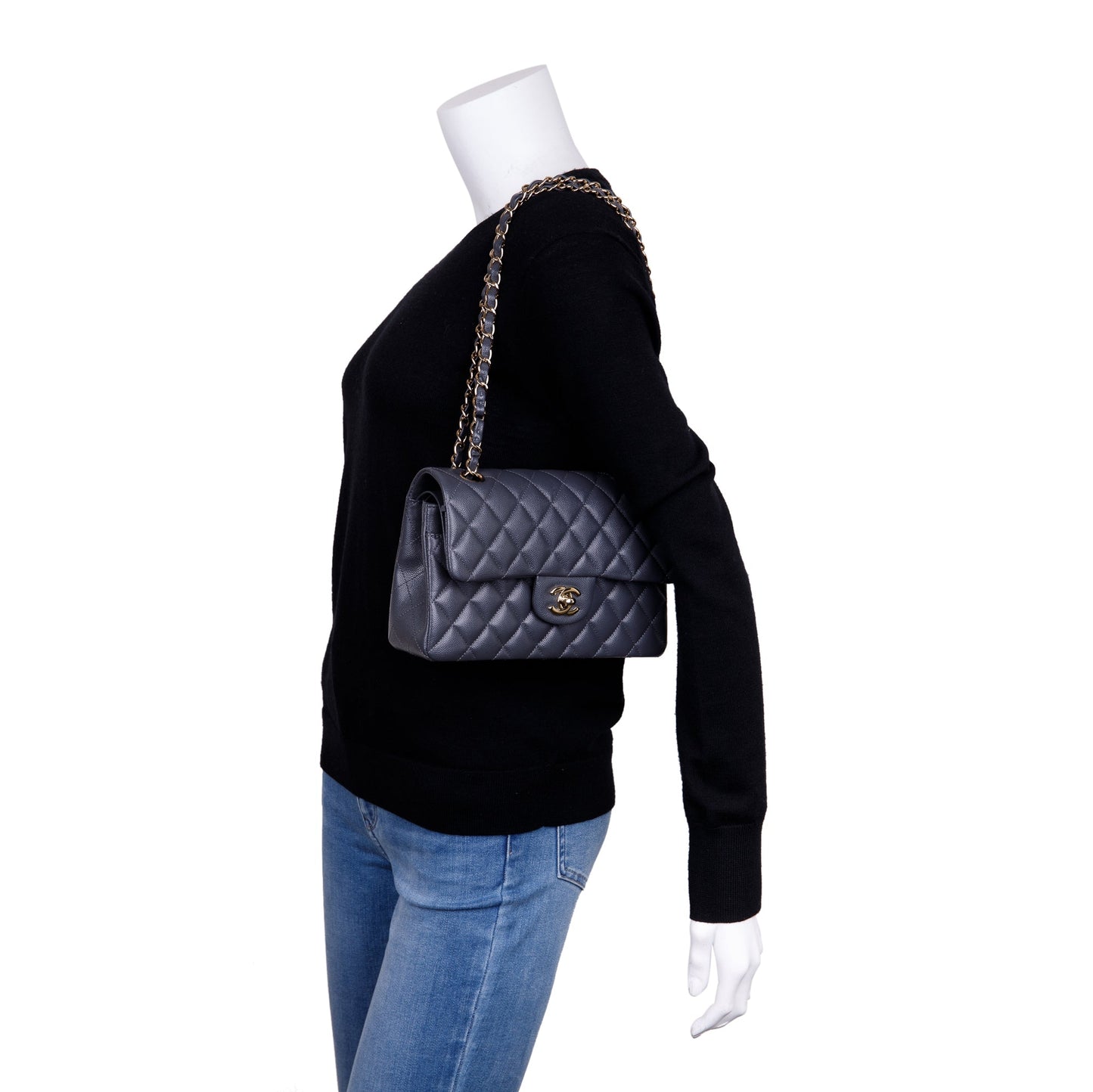 Chanel 2023 Grey Caviar Small Classic Double Flap Bag
