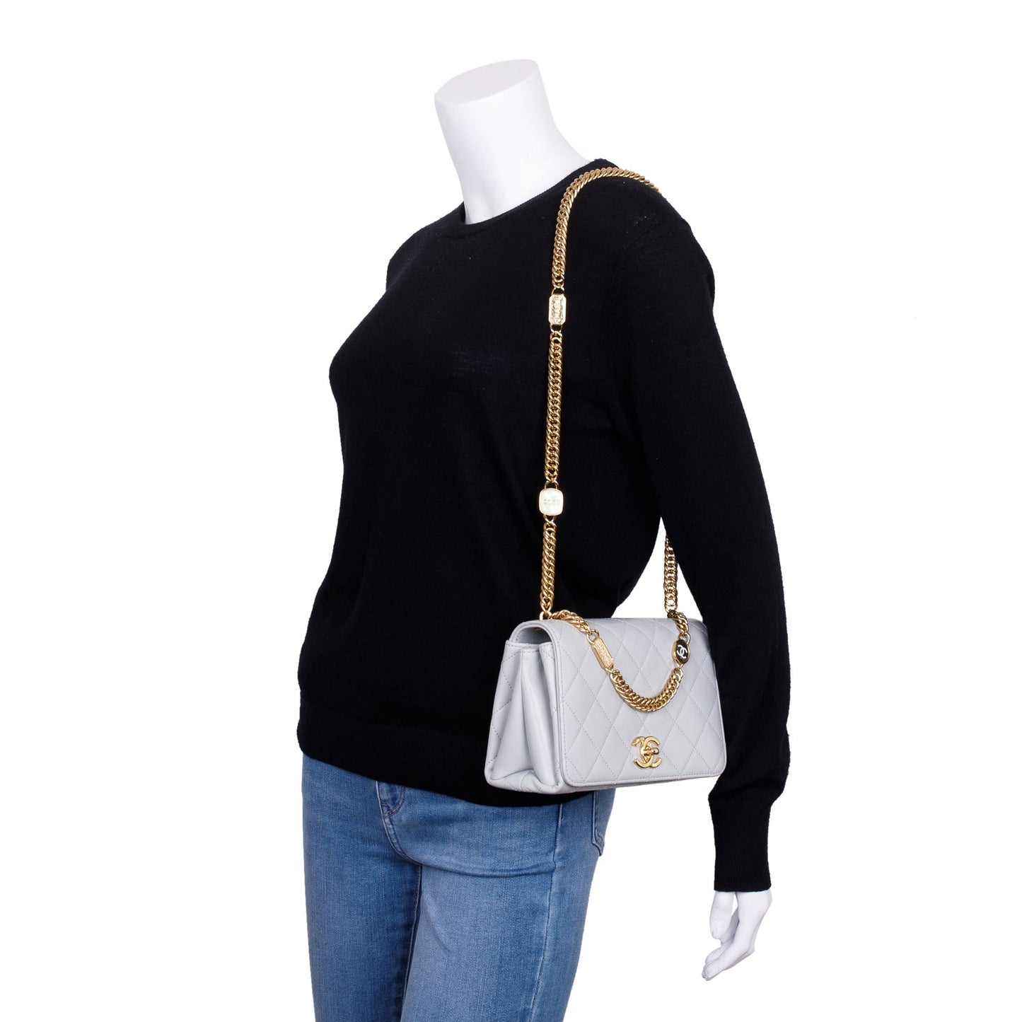 Chanel 2023 Grey Quilted Lambskin Leather Logo Chain Handle Flap Bag