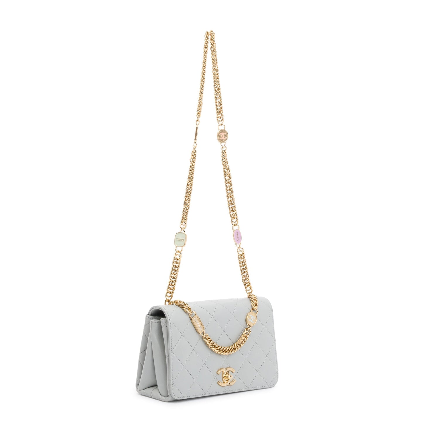 Chanel 2023 Grey Quilted Lambskin Leather Logo Chain Handle Flap Bag