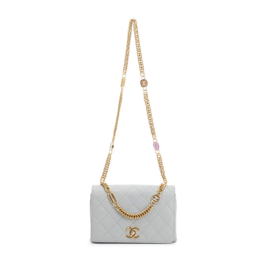 Chanel 2023 Grey Quilted Lambskin Leather Logo Chain Handle Flap Bag
