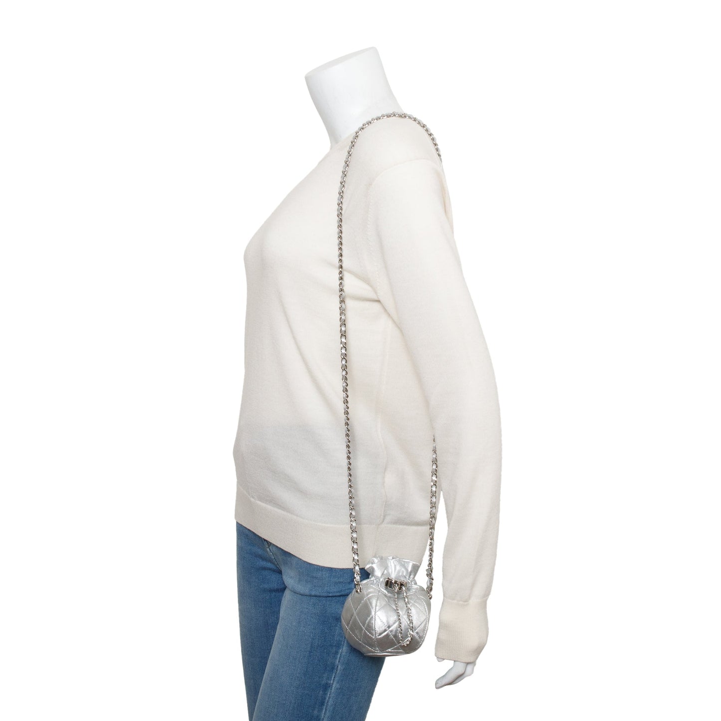 Chanel 2023 Metallic Silver Calfskin Leather Micro Drawstring Bucket Bag