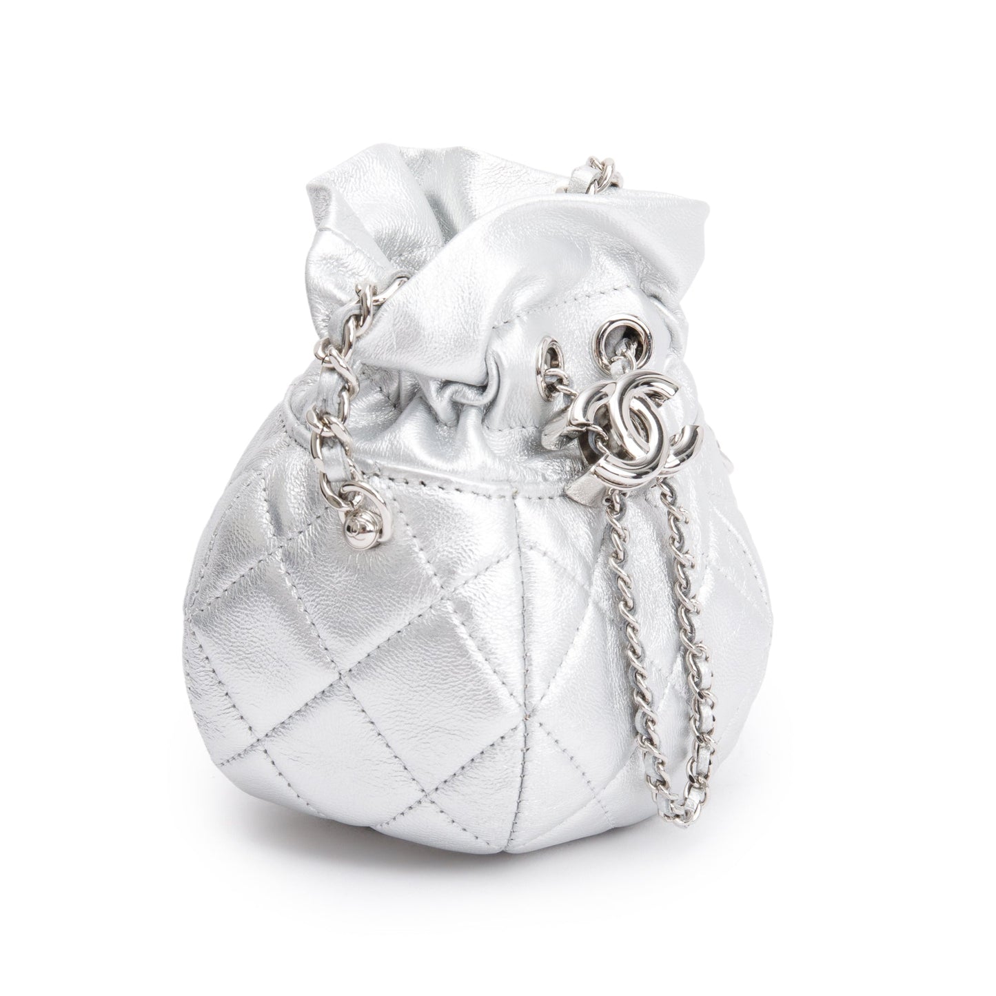 Chanel 2023 Metallic Silver Calfskin Leather Micro Drawstring Bucket Bag