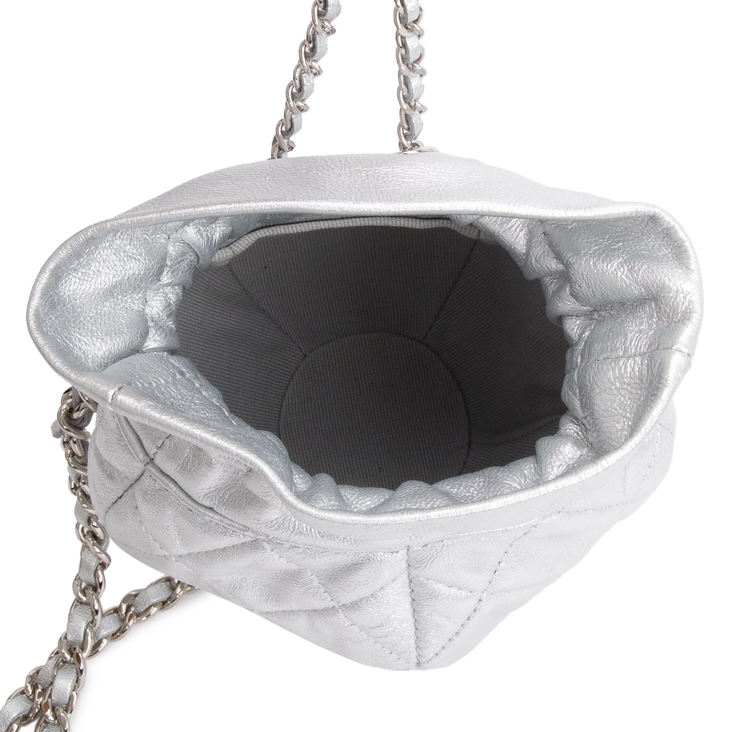Chanel 2023 Metallic Silver Calfskin Leather Micro Drawstring Bucket Bag
