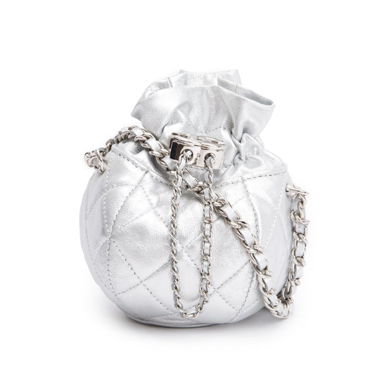 Chanel 2023 Metallic Silver Calfskin Leather Micro Drawstring Bucket Bag