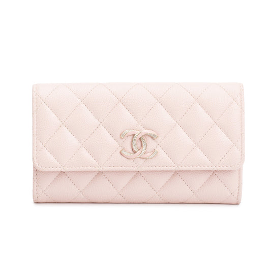 Chanel 2023 Pink Caviar Leather Strass CC Flap Wallet