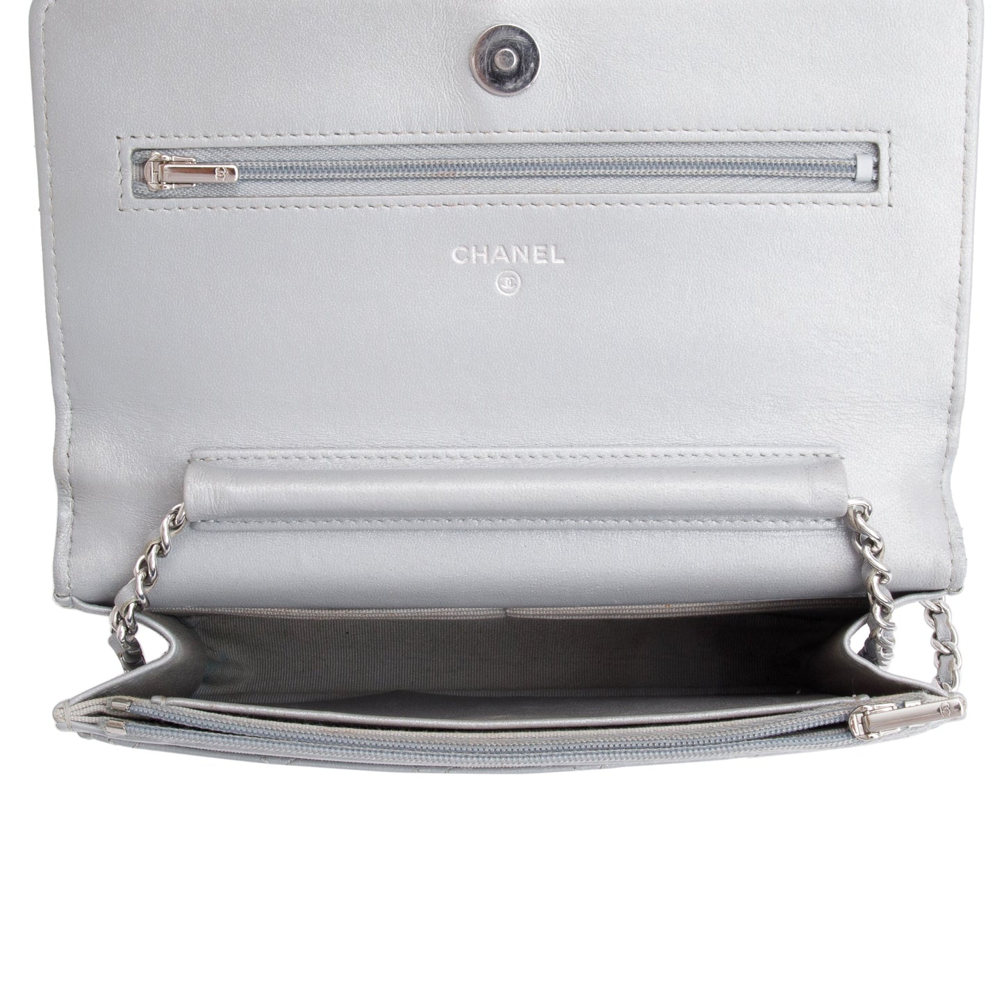 Chanel 2023 Silver Quilted Caviar Leather Classic Wallet on Chain
