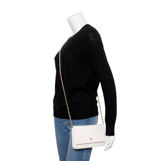 Chanel 2023 White Caviar Leather Classic Wallet on Chain