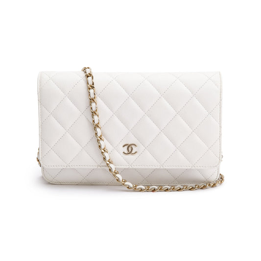 Chanel 2023 White Caviar Leather Classic Wallet on Chain