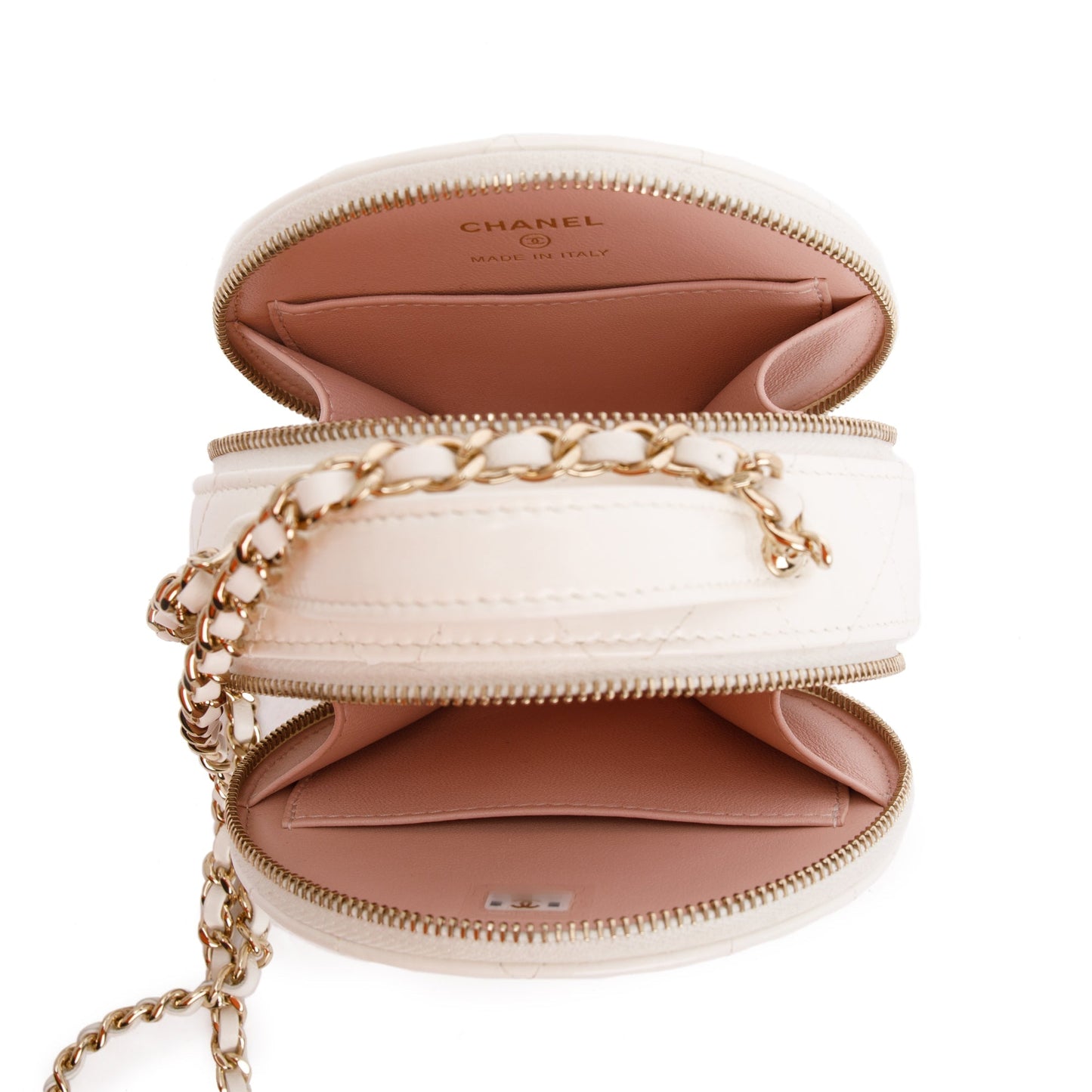 Chanel 2023 White Lambskin Leather Handle with Care Round Vanity Case