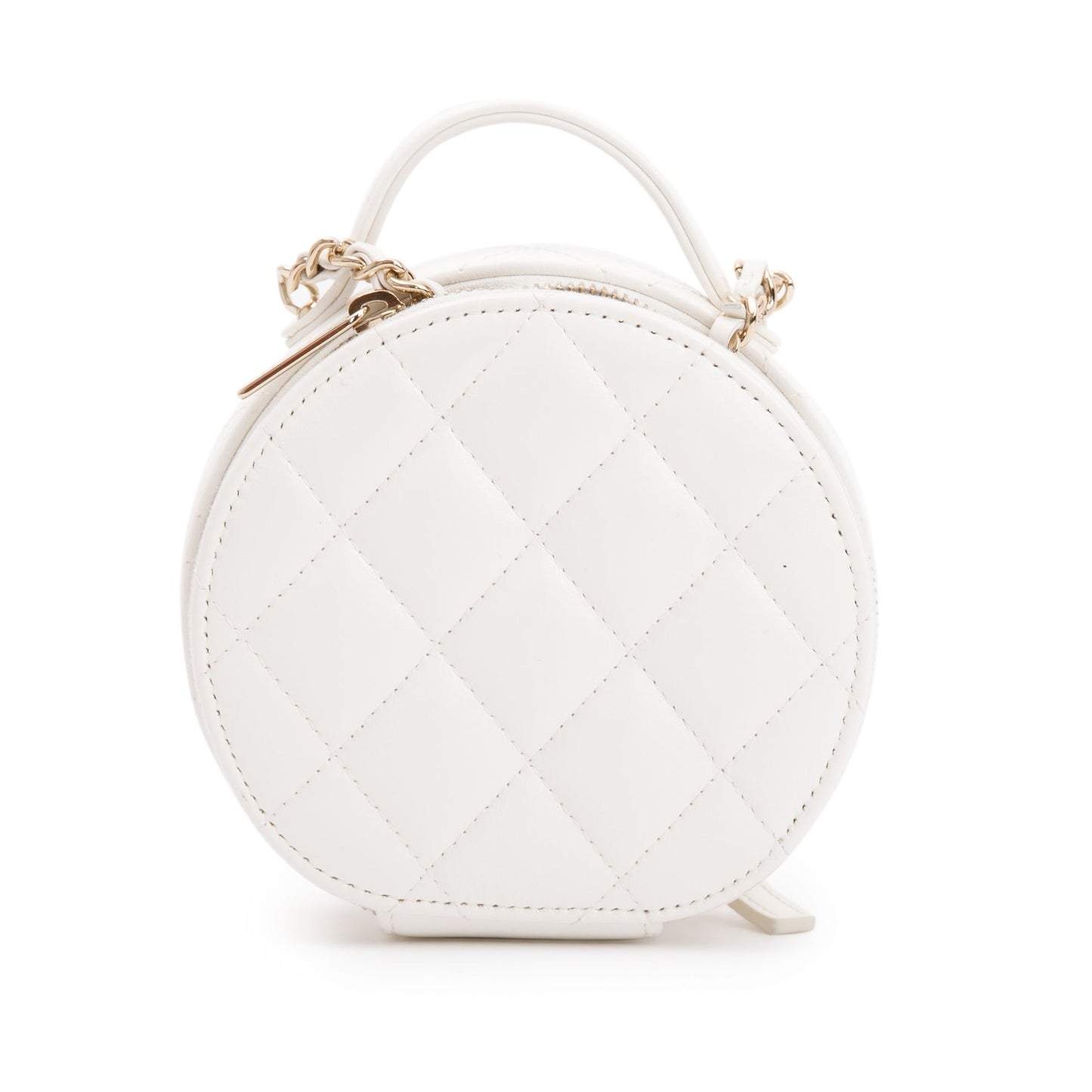 Chanel 2023 White Lambskin Leather Handle with Care Round Vanity Case