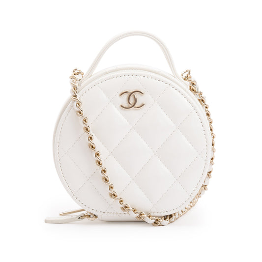 Chanel 2023 White Lambskin Leather Handle with Care Round Vanity Case
