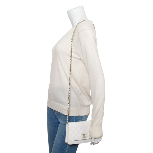 Chanel 2023 White Quilted Caviar Leather Classic Wallet on Chain