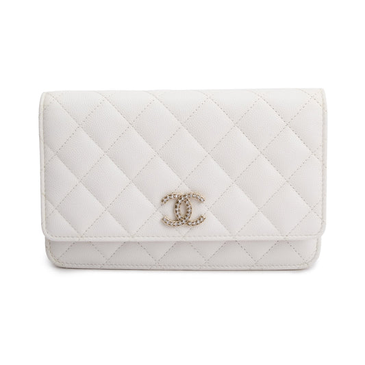 Chanel 2023 White Quilted Caviar Leather Classic Wallet on Chain