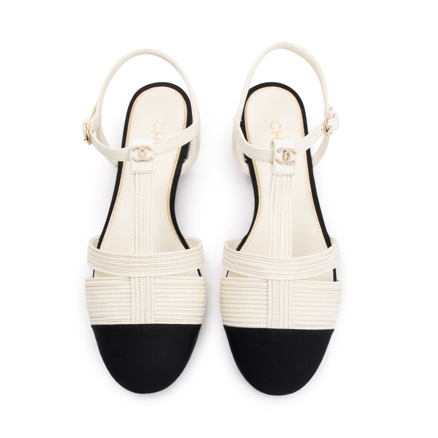 Chanel 2023 White/Black Lambskin Interlocking CC Logo Slingback Flats, Size 38
