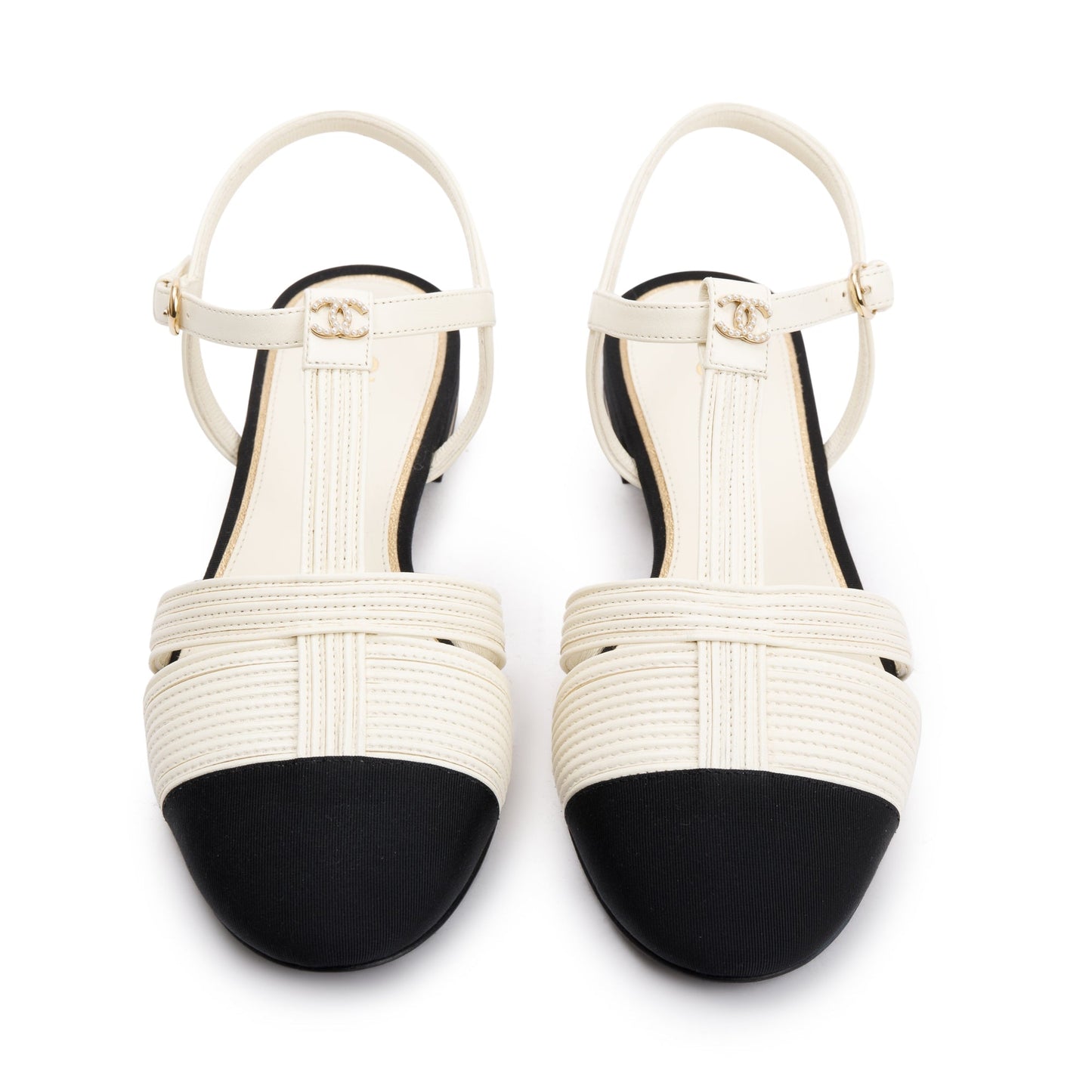 Chanel 2023 White/Black Lambskin Interlocking CC Logo Slingback Flats, Size 38