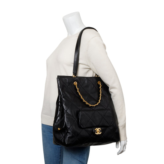 Chanel 2024 Black Quilted Calfskin Leather Shopping Bag Tote