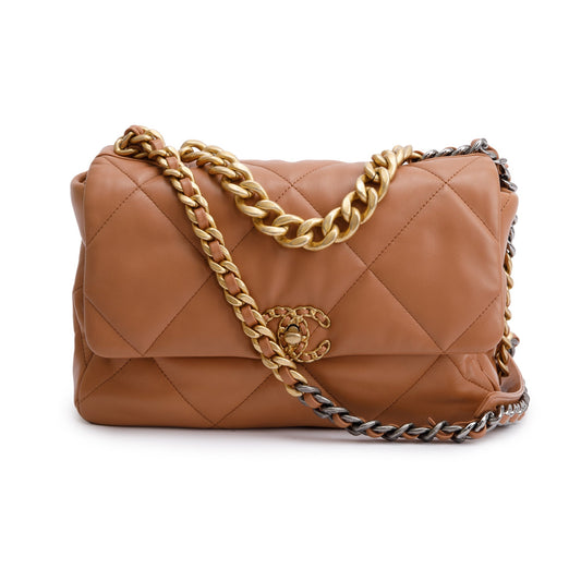 Chanel 2024 Brown Lambskin Leather Large 19 Flap Bag