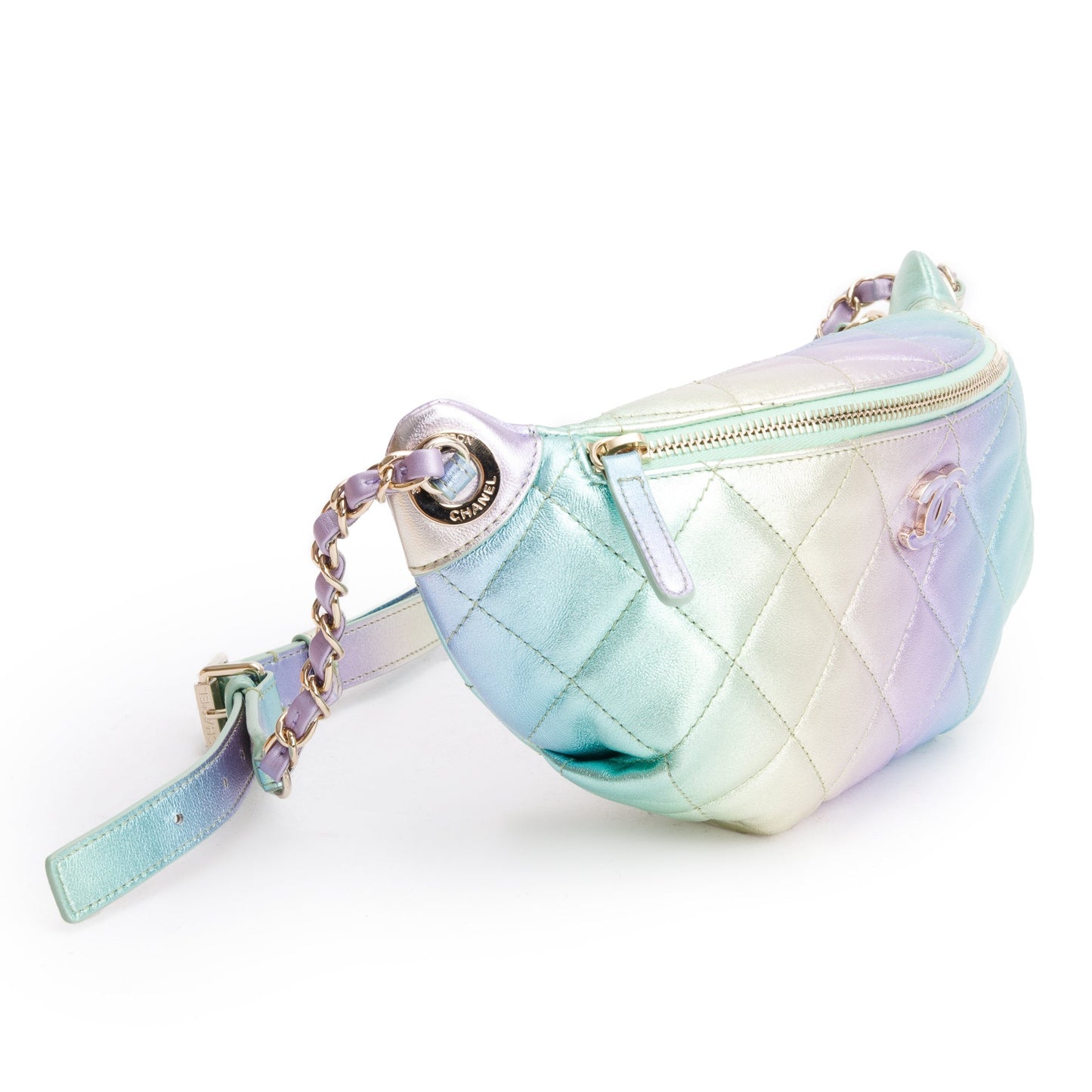 Chanel 2024 Iridescent Rainbow Metallic Quilted Calfskin Leather Belt Bag