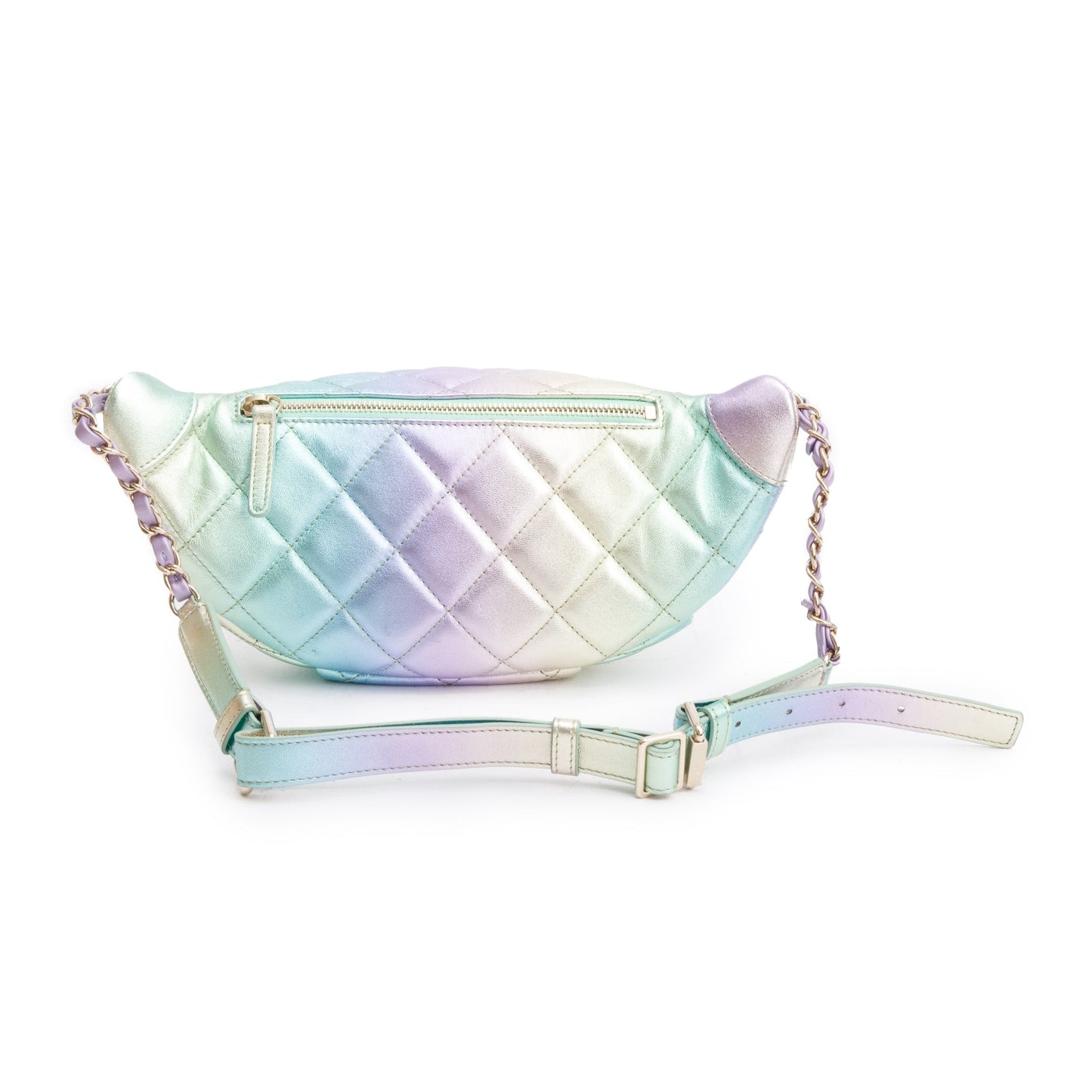 Chanel 2024 Iridescent Rainbow Metallic Quilted Calfskin Leather Belt Bag