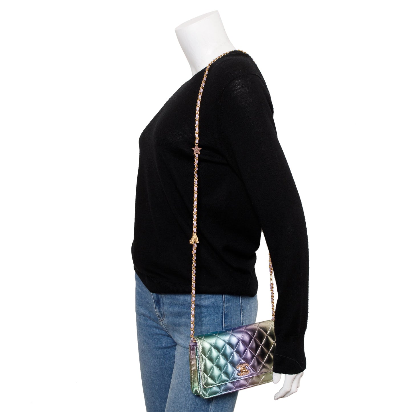 Chanel 2024 Metallic Multicolor Rainbow Lambskin Leather Strass Wallet on Chain