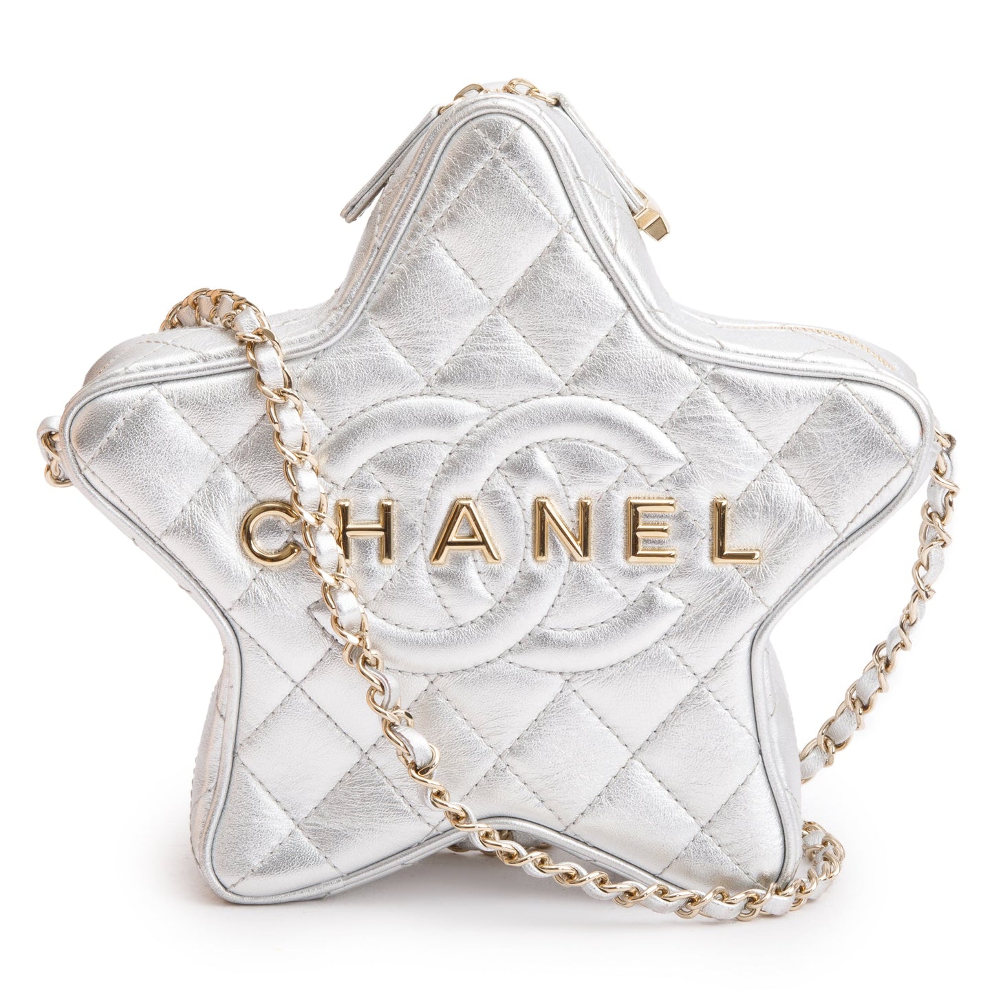 Chanel 2024 Metallic Silver Leather Walk Of Fame Star Crossbody Bag