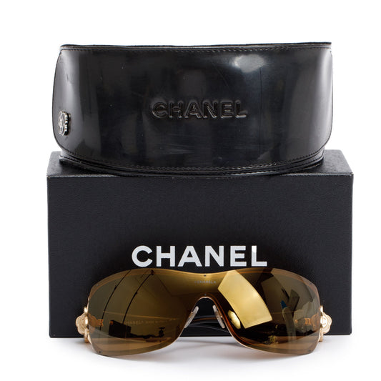 Chanel 4164-B Black Acetate Crystal Camellia Shield Sunglasses