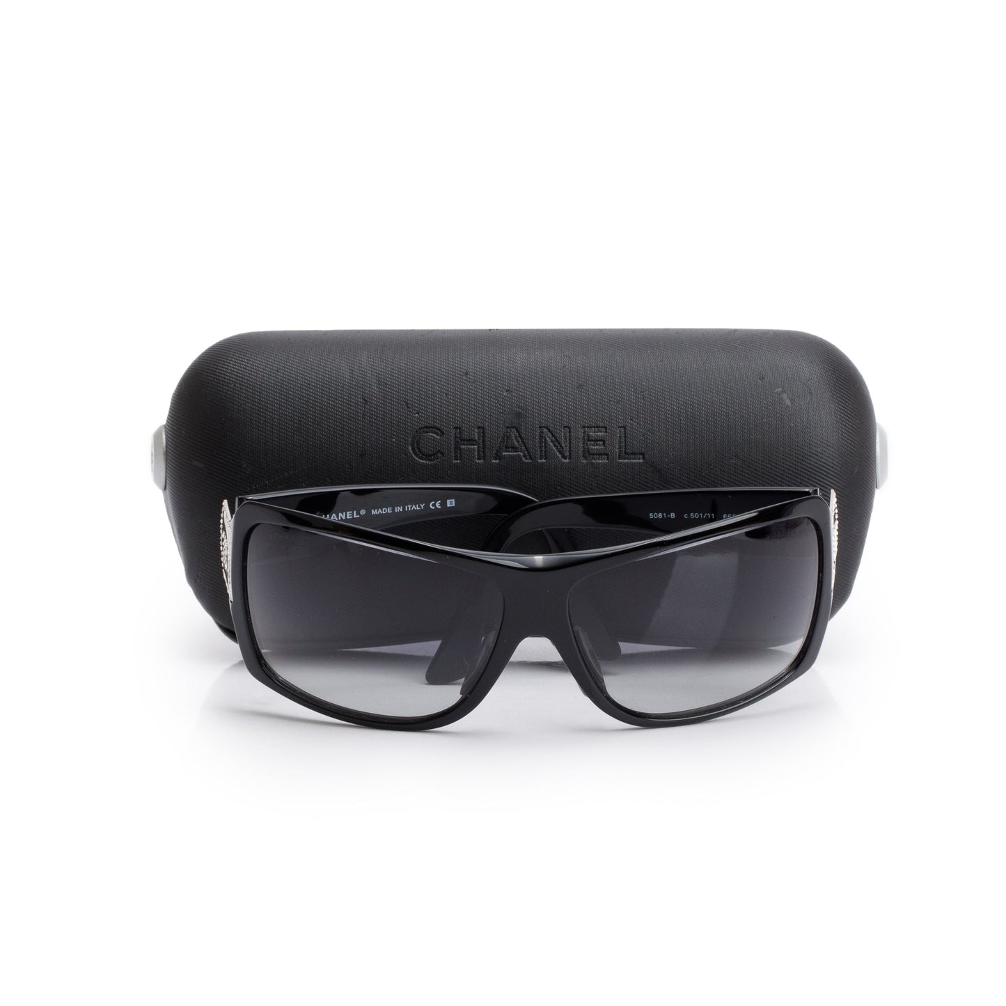 Chanel 5081-B Black Acetate Crystal CC Logo Shield Sunglasses