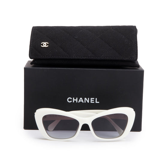 Chanel 5481-H White Acetate CC Logo Faux Pearl Cat-Eye Sunglasses