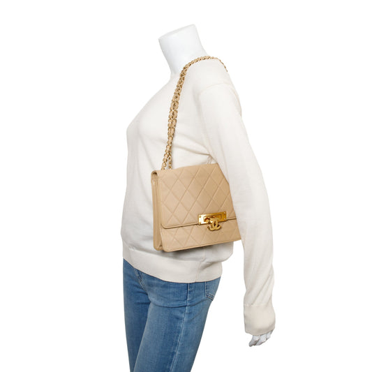 Chanel Beige Lambskin Leather Large Golden Class Flap Bag