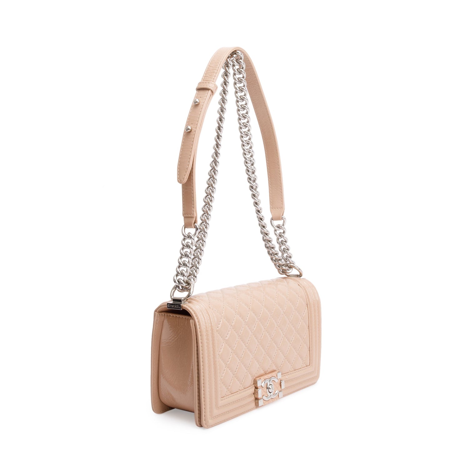 Chanel Beige Patent Leather Medium Boy Bag