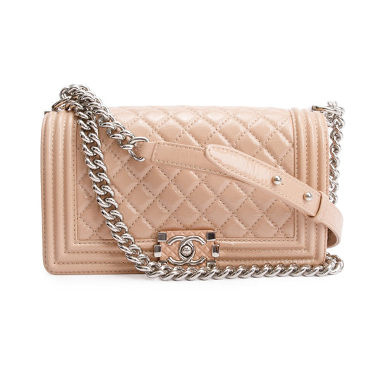 Chanel Beige Patent Leather Medium Boy Bag