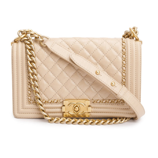 Chanel Beige Quilted Aged Calfskin Leather Medium Jacket Boy Bag