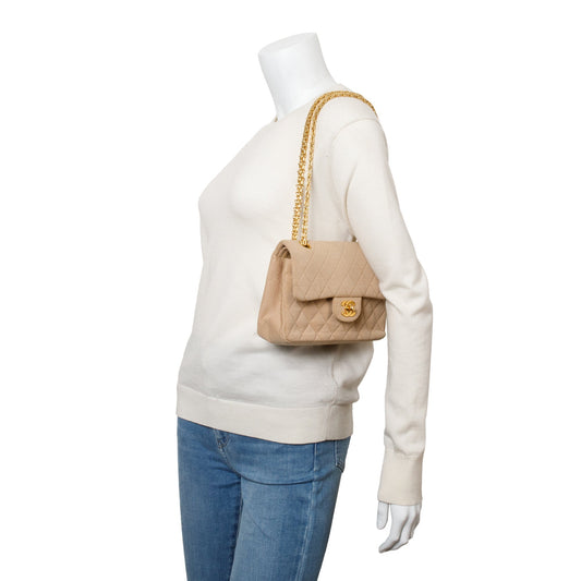 Chanel Beige Quilted Jersey Classic Medium Double Flap Bag