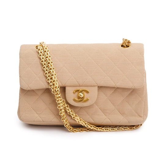 Chanel Beige Quilted Jersey Classic Medium Double Flap Bag