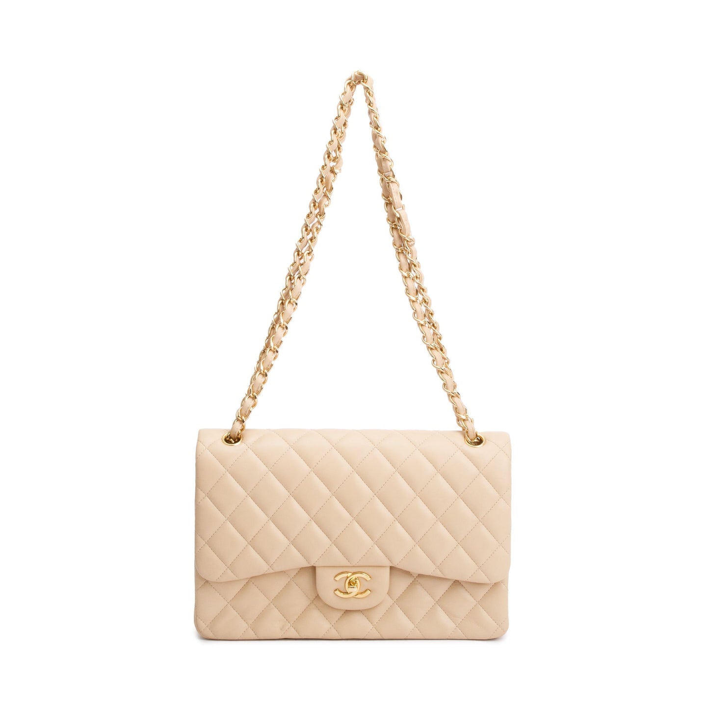 Chanel Beige Quilted Lambskin Leather Classic Jumbo Double Flap Bag