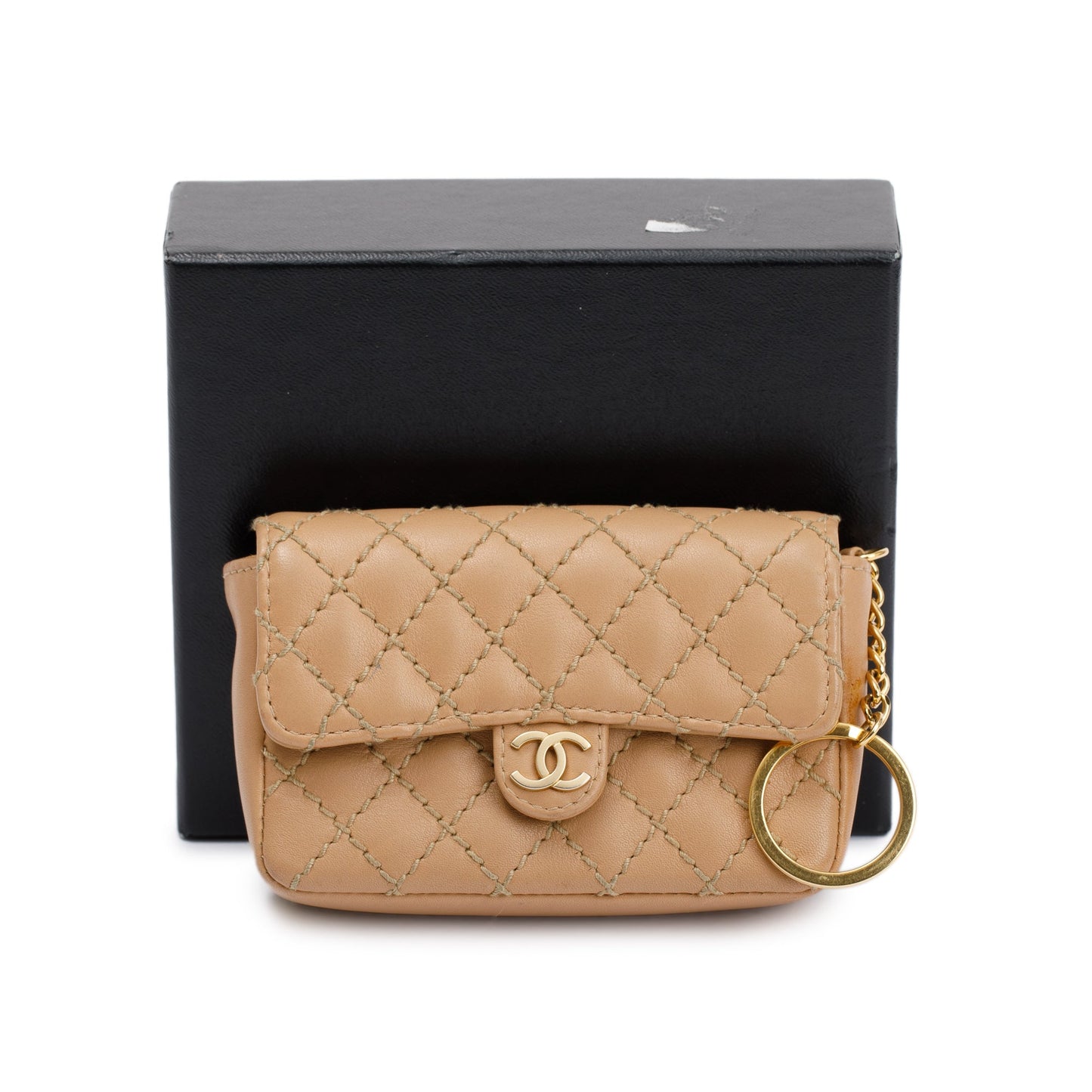 Chanel Beige Quilted Lambskin Leather Mini Flap Key Ring Bag Charm