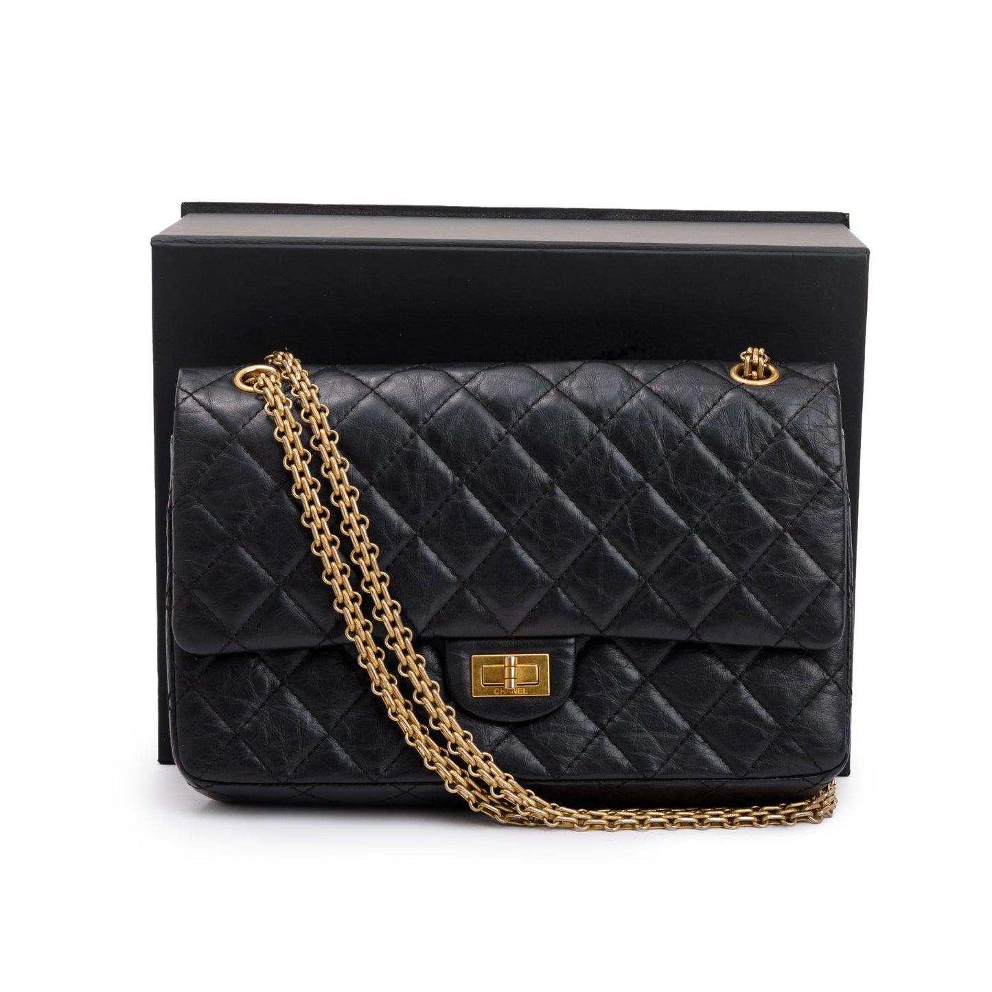 Chanel Black Aged Calfskin Leather 2.55 Reissue 226 Double Flap Bag