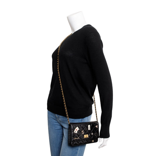 Chanel Black Aged Calfskin Leather Lucky Charms Reissue Wallet on Chain