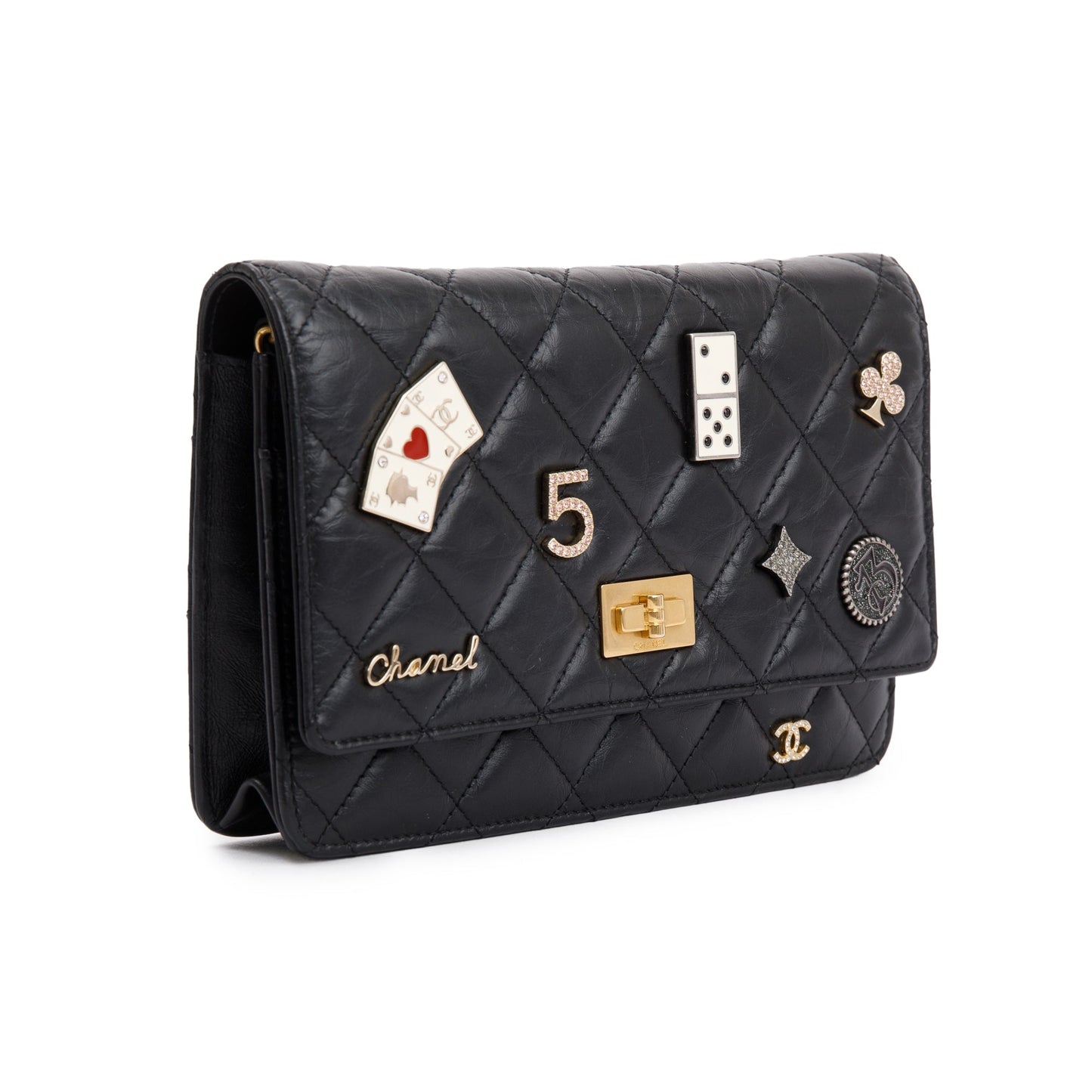 Chanel Black Aged Calfskin Leather Lucky Charms Reissue Wallet on Chain
