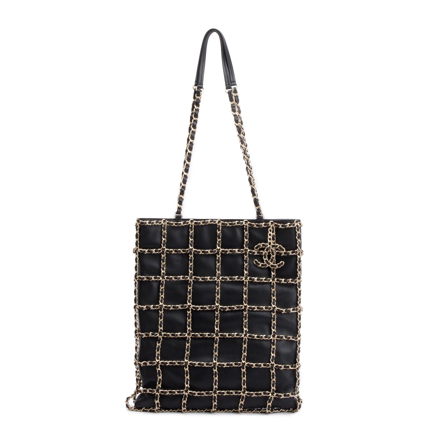 Chanel Black Calfskin Leather Cage Chain Shopping Tote