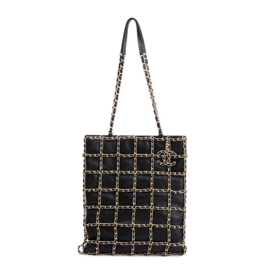 Chanel Black Calfskin Leather Cage Chain Shopping Tote
