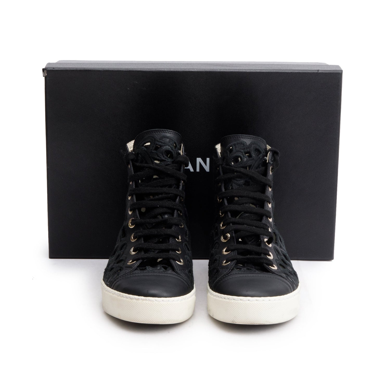 Chanel Black Calfskin Leather Cutout Interlocking CC Logo Sneakers, Size 36