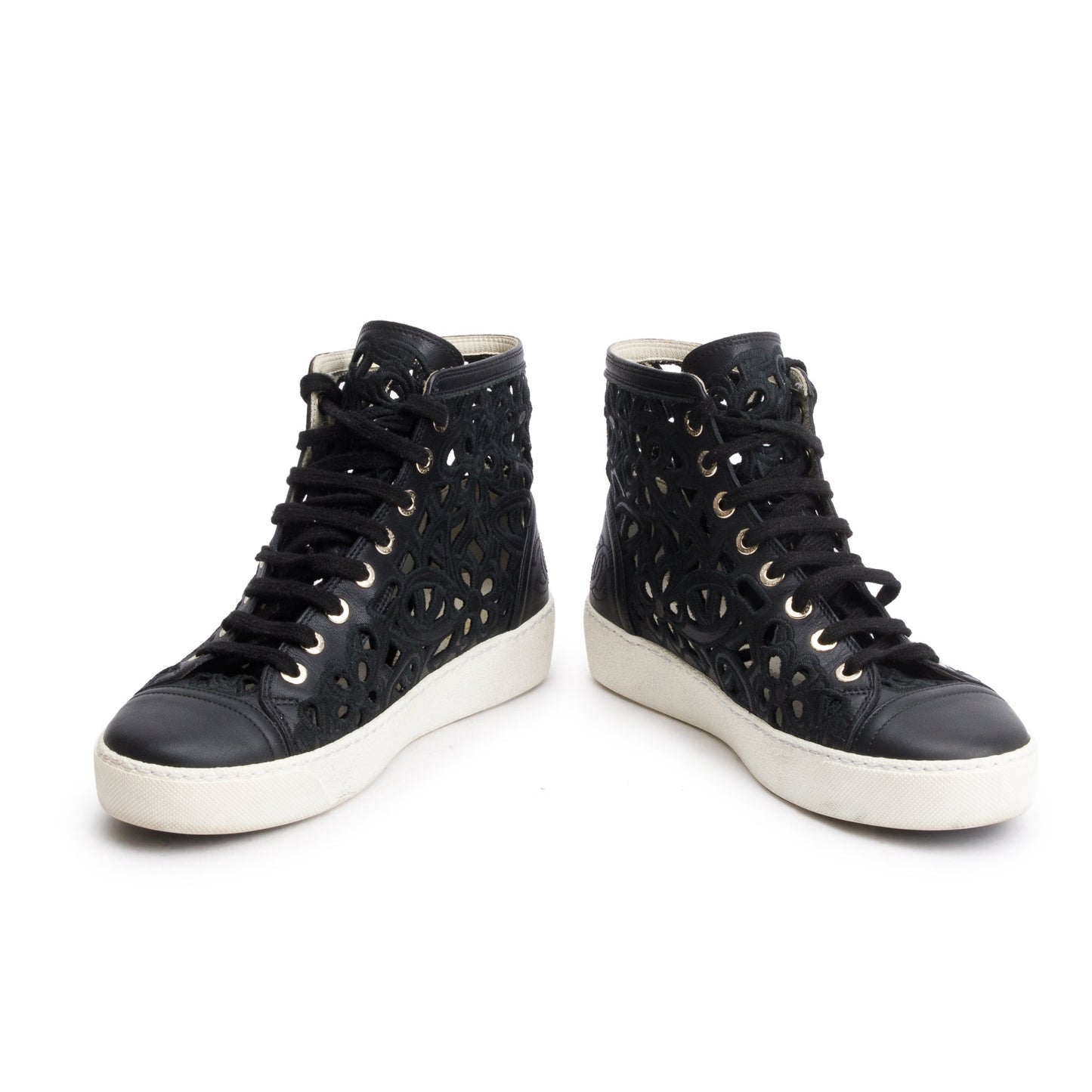 Chanel Black Calfskin Leather Cutout Interlocking CC Logo Sneakers, Size 36