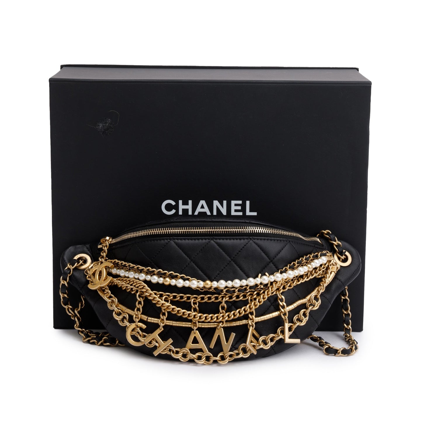Chanel Black Calfskin Leather Faux Pearl All About Chains Waist Bag
